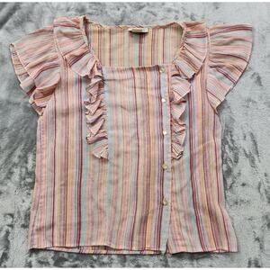 Vintage 70s Rhapsody Top Womens M Rainbow Striped Ruffled Flutter Sleeves Boho